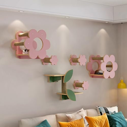 Katzenkletterwand Set aus Massivholz，Robuste Wandmontage mit Kratzbaum, Hängematte & Treppe for Indoor-Katzen，Spiel- & Ruhebereich(6PCS)