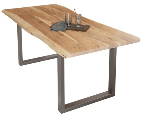 Liadomo Esstisch 240x100 Diala Natur, U-Gestell Silber | Baumkante, Akazie Massivholz Tisch, 35 mm Tischplatte lackiert, Metallgestell, Robust & Pflegeleicht, bis zu 10 Personen