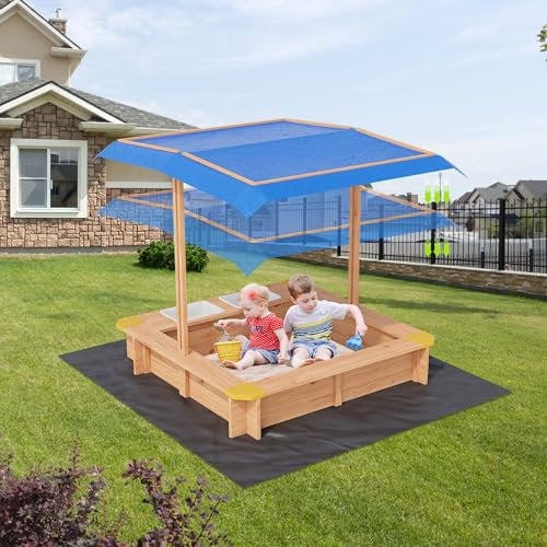 Wooden Sandbox with Canopy & Convertible Side Buckets for kids Ages 3-8, Kids Wooden Sandpit, Sand Play Station – Perfect for Backyards & Playgrounds