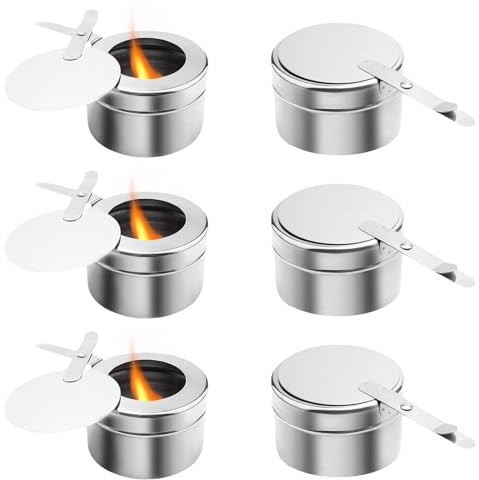 DIYJEP 6 Stück Brennpastenbehälter mit Deckel, Spiritusbrenner | Edelstahl Fondue Brenner mit Deckel für Fondue, Chafing Dish, Buffet, Camping. Nachfüllbar, langlebig, sicher