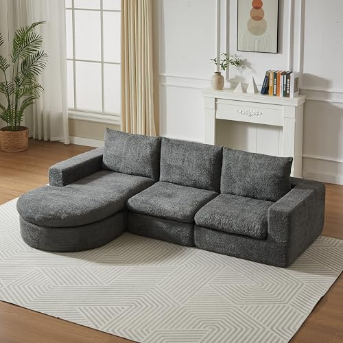 A ALFRESCOOL Sofá de chenilla con elementos curvos y tumbona, totalmente comprimido, sofá combinado Lodulares en L, sofá de compresión de espuma, no requiere montaje (gris)