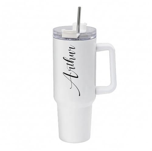 Giftme Personalised 40oz Travel Tumbler with Handle & Straw | Custom Name/Text | Stainless Steel Large Cup | Travel Water Bottle | Car Coffee Mug. (White)