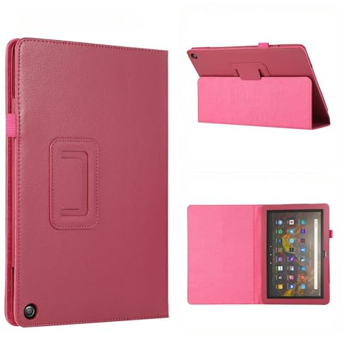 sekdsebnu Case for Amazon Fire HD 10 7th/9th Generation 2017/2019 Released,Brief Premium PU Leather Tablet Case with Pencil Holder,Shockproof Protective Cover with Elastic Strap (Rose Red)
