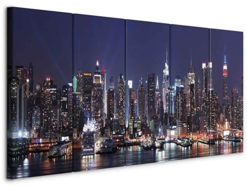 B&D XXL - Leinwandbild Skyline NYC Stadt, 225x90 cm, 5-teilig, Schlafzimmer | Hochwertige Leinwand, sofort aufhängbar, ideal fürs Wohn- oder Schlafzimmer, wasserfest und lichtecht, langlebig, stilvoll