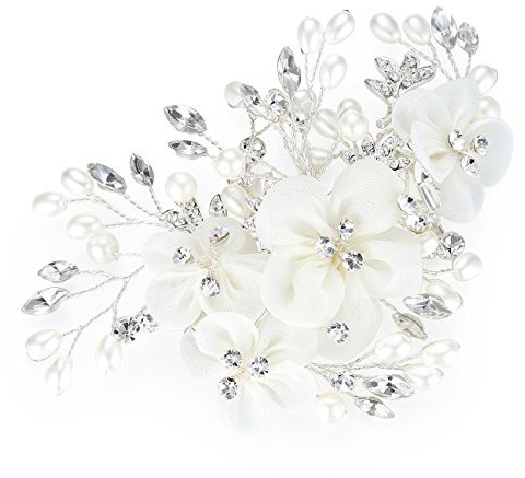 HONEY BEAR Damen Brautschmuck Blume Haarkämme Haar Klammern für Hochzeit, Kristall Strass mit Simulierte Perlen Haarschmuck,MEHRWEG (weiß)