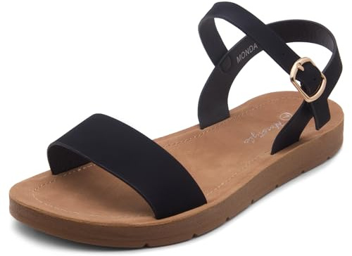 Herstyle Flat Sandals for Women – Open Toe One Band Ankle Strap Summer Dressy Sandals, Lightweight Casual Strappy Slip-On Flats with Adjustable Buckle, Black, Size 7.5, Monday