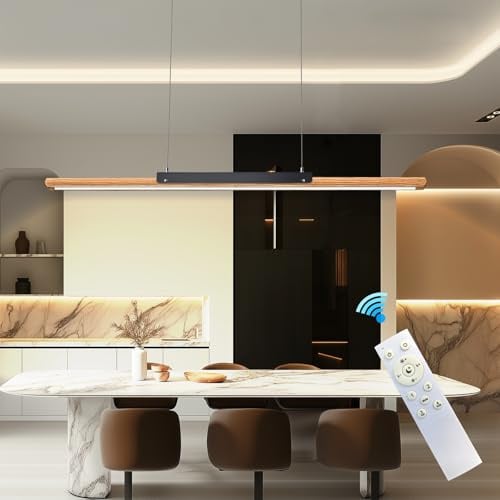 Azanaz LED Pendelleuchte-Esstisch 120cm Höhenverstellbare Hängelampe aus Echte Holz mit Fernbedienung, Dimmbar Deckenlampe 3000K-6500K für Küche, Esszimmer, Wohnzimmer