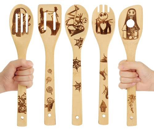 Regalos de Pesadilla antes de Navidad, 5 cucharas de madera para cocinar, juego de utensilios de cocina de pesadilla antes de Navidad, juego de utensilios de cocina de madera para regalos del día de