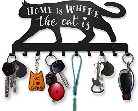 SirHoldeer Schlüsselbrett Schwarz, Katzen Deko, Schlüsselhalter Wand, Schlüsselaufhänger mit 10 Haken, Schlüssel Aufbewahrung, Schlüsselboard Modern, Cat Key Holder, Wanddeko Metall