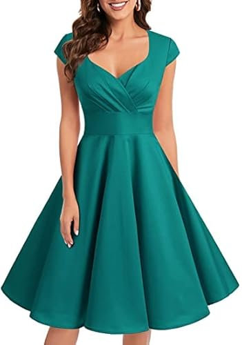 Bbonlinedress Sommerkleid Damen festliches Kleid 1950er Vintage Retro Cocktailkleid Rockabilly V-Ausschnitt Kleid Turquoise XS