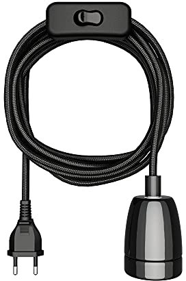 ledscom.de Textilkabel LEHA II, Stecker, Schalter, schwarz, 3 m, Porzellan-Fassung, 1x E27 max. 300W