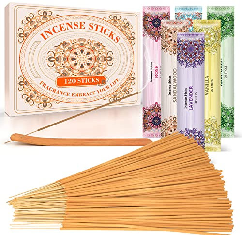 SCENTORINI Räucherstäbchen Set 120 Stock, Duft von Bernstein Moschus, Rose, Sandelholz, Lavendel, Regenwald, inklusive 1 Räucherstäbchen Halter