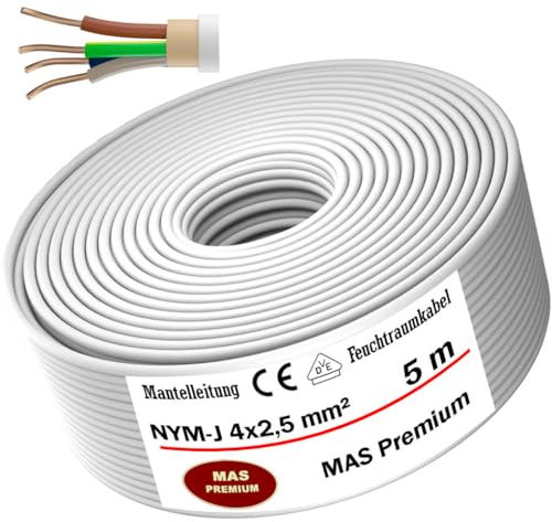 MAS-Premium Feuchtraumkabel Stromkabel von 5m bis 100m Mantelleitung NYM-J 4x2,5 mm² Elektrokabel Ring für feste Verlegung (5 m)