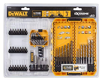 DEWALT Stein-, Metallbohrer und Bit-Set DT70759 (63-teilig, Extreme Steinbohrer, Extreme 2 HHS-G Metallbohrer, Torison Bits mit erhöhter Festigkeit, in ToughCase inkl. TicTac Box) gelb/schwarz