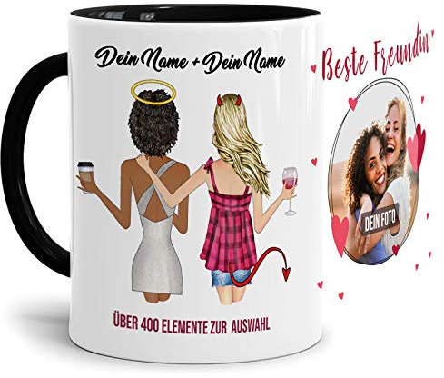 Personalisierbare Tasse - Beste Freundinnen - zum selbst Gestalten mit Wunschfoto und Wunschnamen als anpassbares Geschenk für die Beste Freundin - Innen & Henkel Schwarz, 300ml