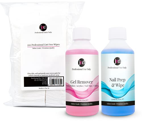 JND Nail Prep Wipe (Sanitises Nail Plate & Removers Tacky Layer) & Gel Remover (Fast Action Nail Polish, Gels, Acrylics, Tips, and Glue Remover) (2x 250ml + 200 Lint Free Wipes)