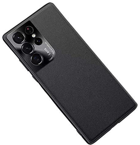 Luhuanx - Custodia per Samsung Galaxy S21 Ultra, compatibile con 5G, in pelle con retro in metallo (nero)