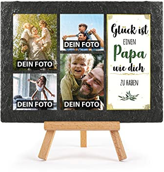 PR Print Royal Schieferplatte selbst gestalten - mit 4 Fotos bedrucken - Glück ist einen Papa wie dich zu haben - Geschenk Vatertag, Geburtstag, Weihnachten, Schiefertafel mit Staffelei, 15 x 20 cm