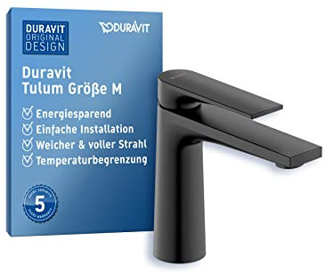 Duravit Tulum Waschtischarmatur, Größe M (Auslauf Höhe 122 mm), Wasserhahn Bad, Waschbecken Armatur mit FreshStart-Funktion, Schwarz Matt