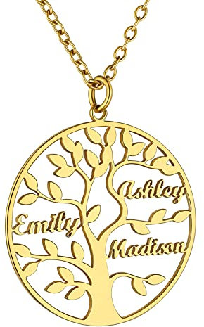 Collier Prénom Personnalisé Or Plaqué Pendentif Maman Arbre de Vie 3 Prenoms des Enfants Acier Femme Généalogique Famille Fêtes des Mères Chaine Forcat Acier 50 cm Cadeau Mariage Meilleur Amie