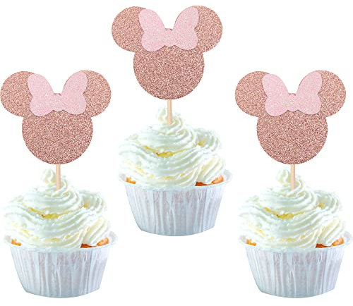 24 Stück Maus inspiriert Geburtstag Tortendeko Happy Birthday Cake Topper mini Maus mit Schleife Maus Kuchendekoration für mini Happy Birthday Party Kuchendeko Roségold