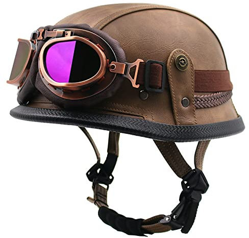HZIH Portatile Mezzi Caschi Jet retrò Casco Scodella Moto Casco con Occhiali,Classic Jet Aperto Caschi,Scooter Caschi Scodella Motorino Mezzo Casco DOT/ECE Certificazione F,2XL=63-64cm