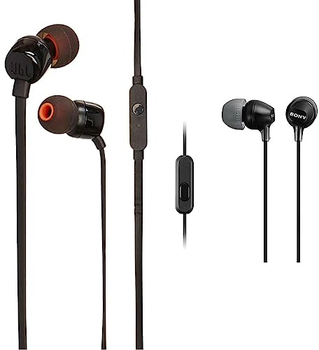 JBL T110 Auriculares intraurales universales con Mando a Distancia y micrófono, Color Negro + Sony MDR-EX15AP Auriculares in-Ear (con micrófono), Negro