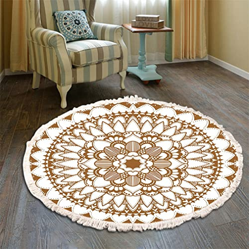 Bohemian Teppich Rund - Mandala Muster Mit Quasten, Waschbarer Baumwolle für Wohnzimmer Schlafzimmer (180cm, Braun)