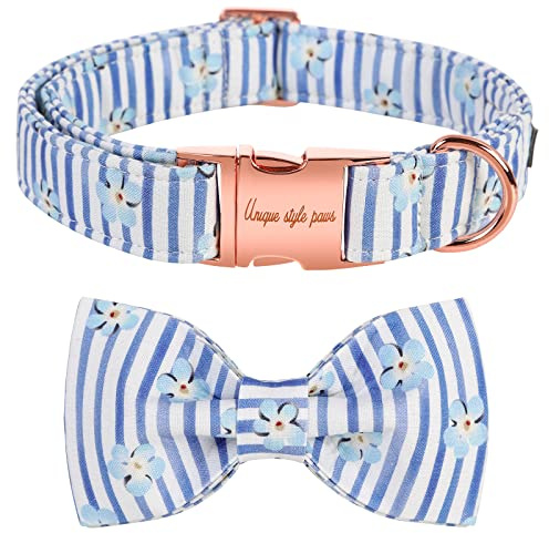 Unique style paws Hundehalsband mit Fliege Blauer Streifen &Blume Welpenhalsband Bequemes weiches Fliege Hundehalsband kleine mittlere große Hunde-XS