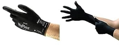 HyFlex 48-101 Mehrzweck-Arbeitshandschuhe für Mechaniker, abriebfest, Schwarz, Größe L (12er Pack) + Microflex 93-732 Einmalhandschuh im Nitril, latex- und puderfrei, Schwarz, L (100 Handschuhe)