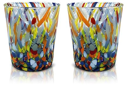 MAZZEGA ART & DESIGN - 2 Verres Tumbler Classic en Verre Soufflé et Travaillés à la Main avec des Murrines de Murano, ligne « Les Couleurs de Murano » 350 ml. Fabriqué en Italie. (2, BLUE CLAIR)