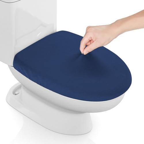 Funda elástica de elastano para tapa de inodoro, funda gruesa para asiento de inodoro para baño, funda de inodoro suave lavable, se adapta a la mayoría de tapas de inodoro, azul marino