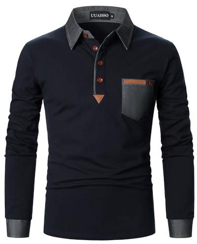 UUAISSO Poloshirt Herren Langarm Polo Shirts Baumwolle Farbe Nähen Tasche T-Shirt Slim Fit Golf Navy blau XXL