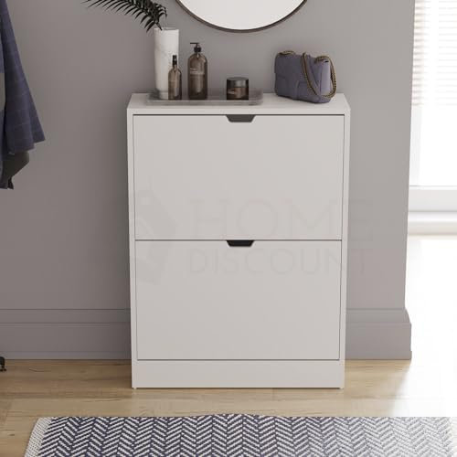 Vida Designs 2 Drawer Shoe Cabinet, Space Saving Shoe Storage Cupboard with 2 Flip Drawers, Hallway ad Living Room Furniture 100% FSC certified (White)
