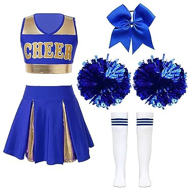 Doomiva Mädchen Cheer Leader Kostüm Set Mit Pom Cheerleading Uniform Halloween Karneval Faschingskostüm Festlich Tanzkostüm Blau 158-164