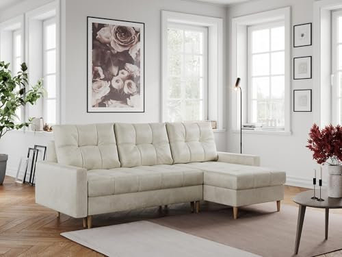 MKS MEBLE Ecksofa - L-Form Sofa mit Schlaffunktion - Wohnlandschaft L Form, Ecksofa mit Schlaffunktion und Bettkasten, Schlafsofa mit Bettkasten, Couch mit Schlaffunktion - Beige Colin