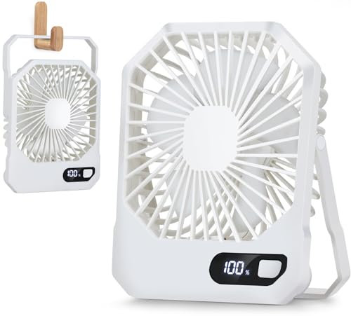Furnsii Ventilador de Mesa e Colgante 2 en 1, Pequeño Ventilador Sobremesa Silencioso con Soporte 180° e Display LED, Portatil Mini Ventilador Escritorio USB-C Recargable (Blanco)