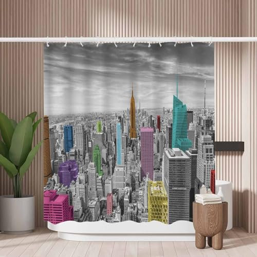 Woutay Shower Curtain Mould Proof Resistant City Buildings,Water Repellant Fabric,Polyester,with 12 Plastic Hooks,Size 180x180CM