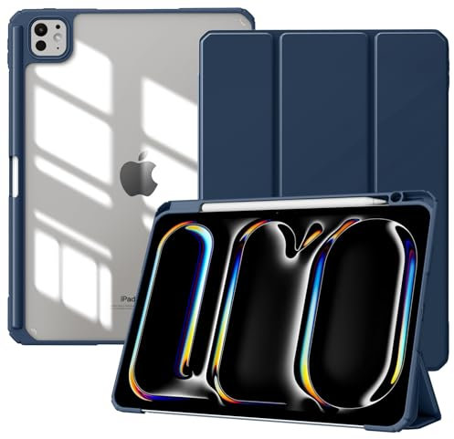 TiMOVO Cover per iPad Pro 11 Pollici (M5/M4) 2025/2024 con Portapenne, Custodia Protettiva con Supporto Pieghevole & Retro Trasparente, Auto Sveglia/Sonno, Blu Marino