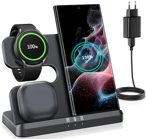 seacosmo Caricabatterie Wireless 3 in 1 per Samsung, Stazione di Ricarica Wireless Rapida Docking Station per S24/S23/Ultra/S21/S22, Caricatore Z Flip Fold 5/4, Galaxy Watch 6/4/5 Pro, Galaxy Buds