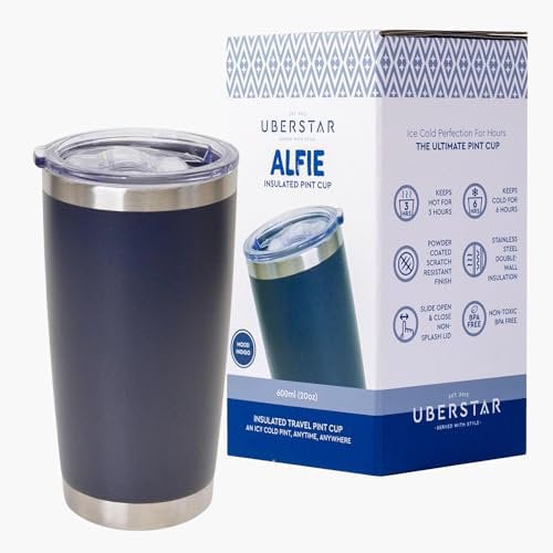 UBERSTAR Alfie Isolierflasche aus Edelstahl, für heiße oder kalte Getränke, 600 ml, Becher mit Deckel, für Bier, Apfelwein, Wasser, Kaffee (Indigoblau)