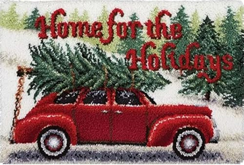 Howie's Latch Hook Kits for Adults, DIY Christmas Latch Hook Kit Rug Crochet Yarn, Color Preprinted Pattern Embroidery Decoration(Christmas Tree in The Car, 19.69 x 14.96 inch)