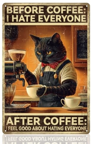 DOODLREAM Schwarze Katze Kaffeebar Metall-Blechschild, Küchendekoration | 20 x 30 cm Metall-Blechschild Schwarze Katze Kaffee mit Spruch, Retro Poster, liebevolles Geschenk für Café, Bar und Küche