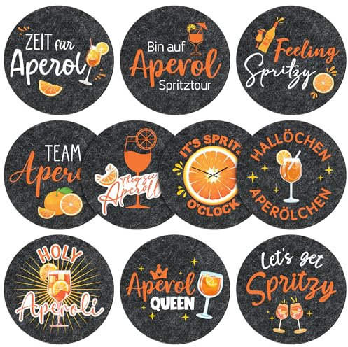 BOOMTOP 10 Stück Apero Untersetzer Sprüche Filz Rund Apero Spritz Accessoires Aperoli Geschenk Orange Getränkeuntersetzer Cocktail Tischdeko für Trinkgläser Aperolliebhaber Aperoliker