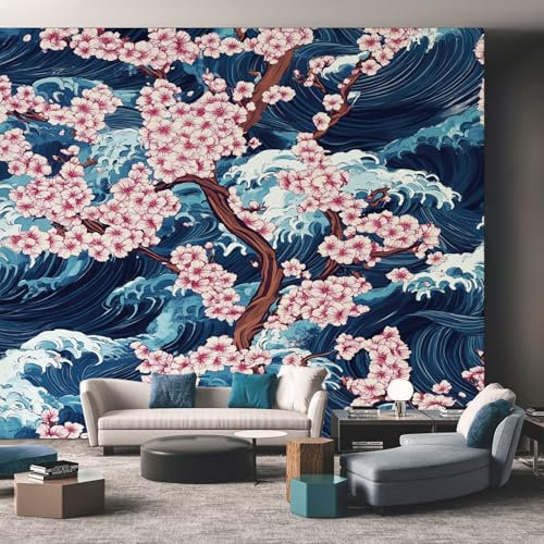 Papier Peint Panoramique 300 x 210 cm, Papier Peint Fleurs De Cerisier Vague Japonaise Image Photo Murale Wallpaper Pour Chambre, Salon, Mur TV Artistique, Restaurant Décoration Murale, Bleu