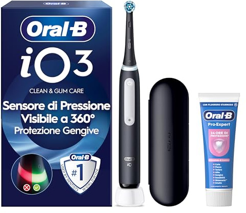 Oral-B iO 3 Spazzolino Elettrico, 1 Testina, Custodia, Dentifricio, Nero | 1 Testine di Ricambio per Spazzolino Elettrico, Ricaricabile, Custodia da Viaggio + Dentifricio Oral-B Pro-Expert Sensibilità