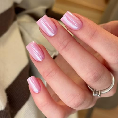 KQueenest Chrome Baby Pink Press on Nails Short Square Glazed Glitter False Nails Short, Luxury Design Acrylic Fake Nails Set with Bling Mirror Effect Stick on Nail for Women Finger Decoration 24 Pcs