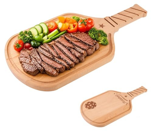BOXOB Pickleball Cutting Board, Wood Charcuterie Board with Handle Pickleball Gifts for Women Men & Lovers, 17x8.3 Inch Paddle-Shaped Design Serving Snack Tray Large Cheeseboard Kitchen Decorations