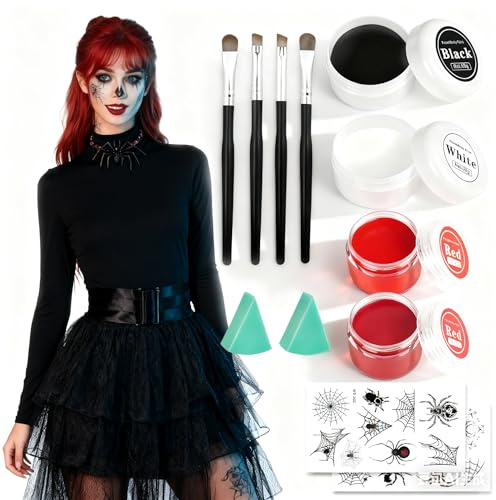 Halloween Schminke Set Make Up Set, Face Paint Schwarz(50g), Weiß(50g), Kunstblut Gel Rot(40g) mit Werkzeuge, Tattoo-Aufkleber, Kinderschminke Theaterschminke Makeup für Erwachsene Kinder