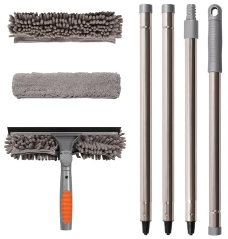 Terafeels 170cm Teleskop Fensterwischer Abzieher Set, 2 in 1 Teleskopstange Fensterreinigung ür Innen und Außen Hohe Fenster Autoglas (Grau)